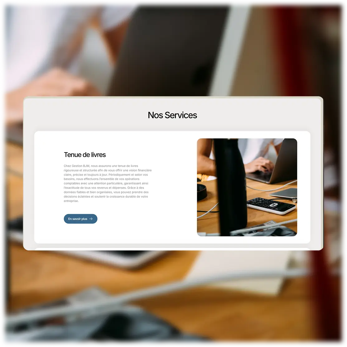 Section des services du site Gestion BJM — présentation du service de tenue de livres pour entreprises et travailleurs autonomes