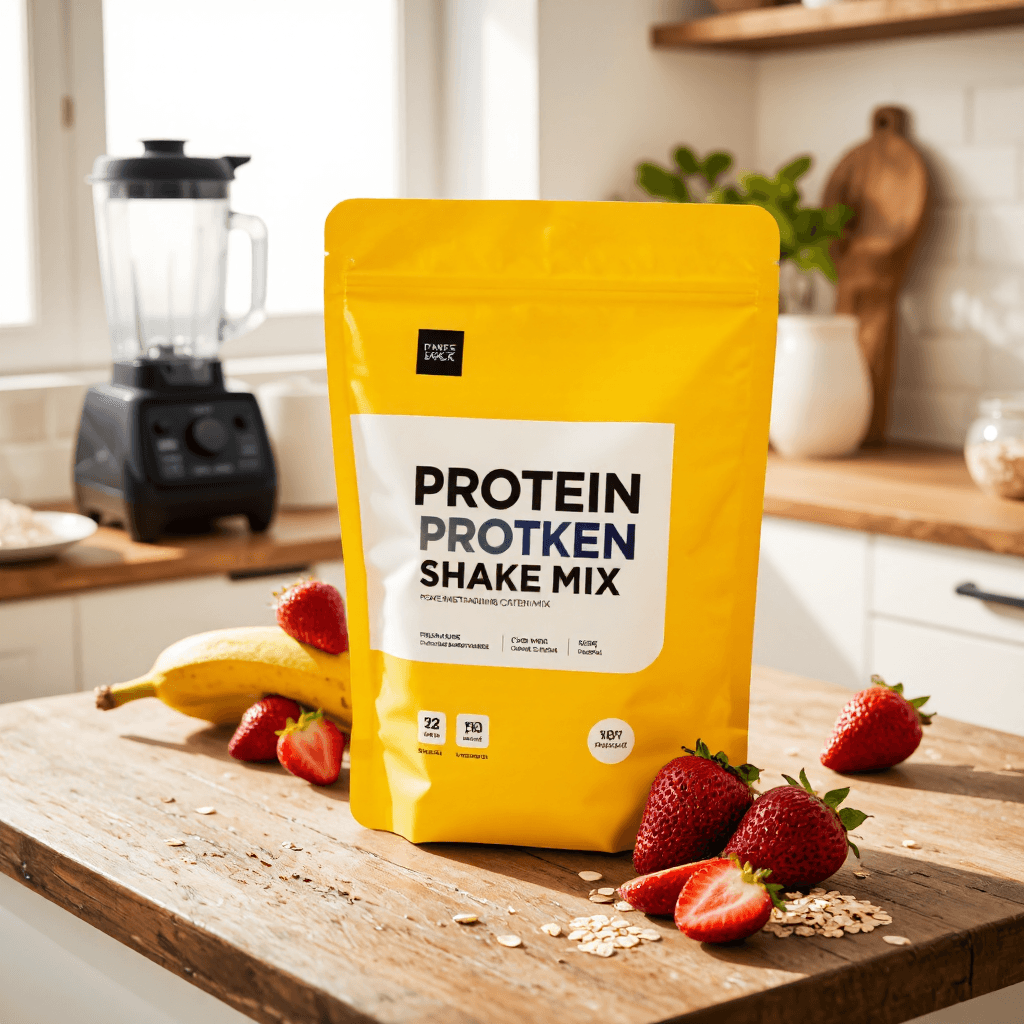 product photography of a pouch of protein shake mix, designed for nutritional supplementation