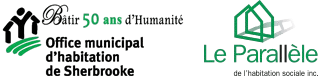 Logo de l’Office municipal d’habitation de Sherbrooke, incluant le texte “50 ans d’humanité”.