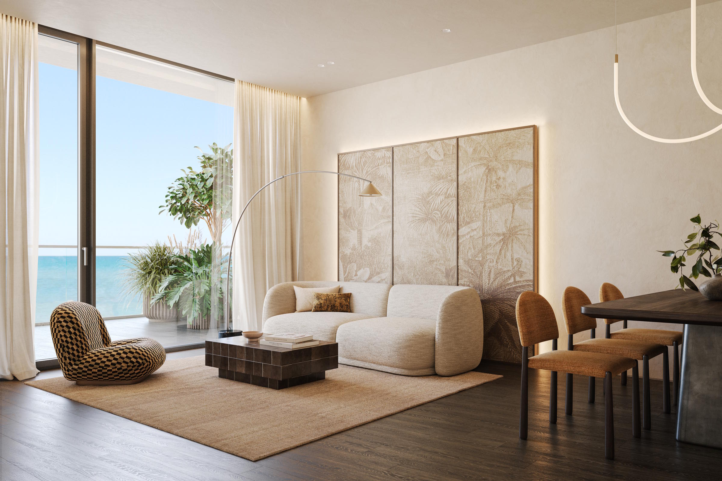 Modern apartment living room and integrated dining space available via our property brokers.