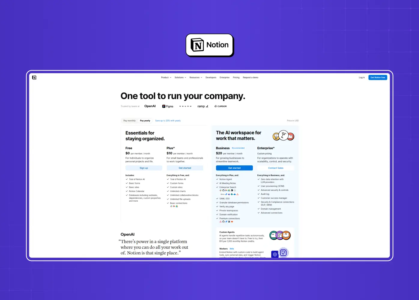 Notion pricing page showcasing Free, Plus, Business, and Enterprise plans with collaboration and AI workspace features.