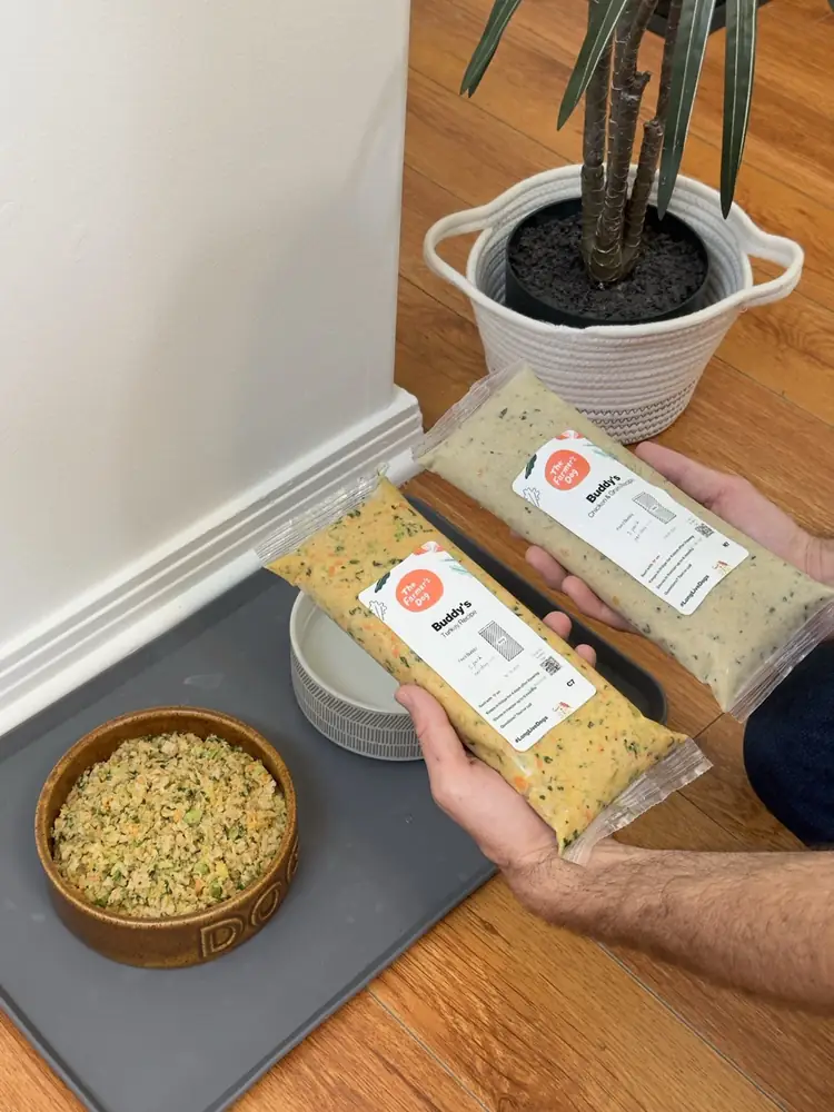 Pre-portioned fresh food packs next to a filled bowl