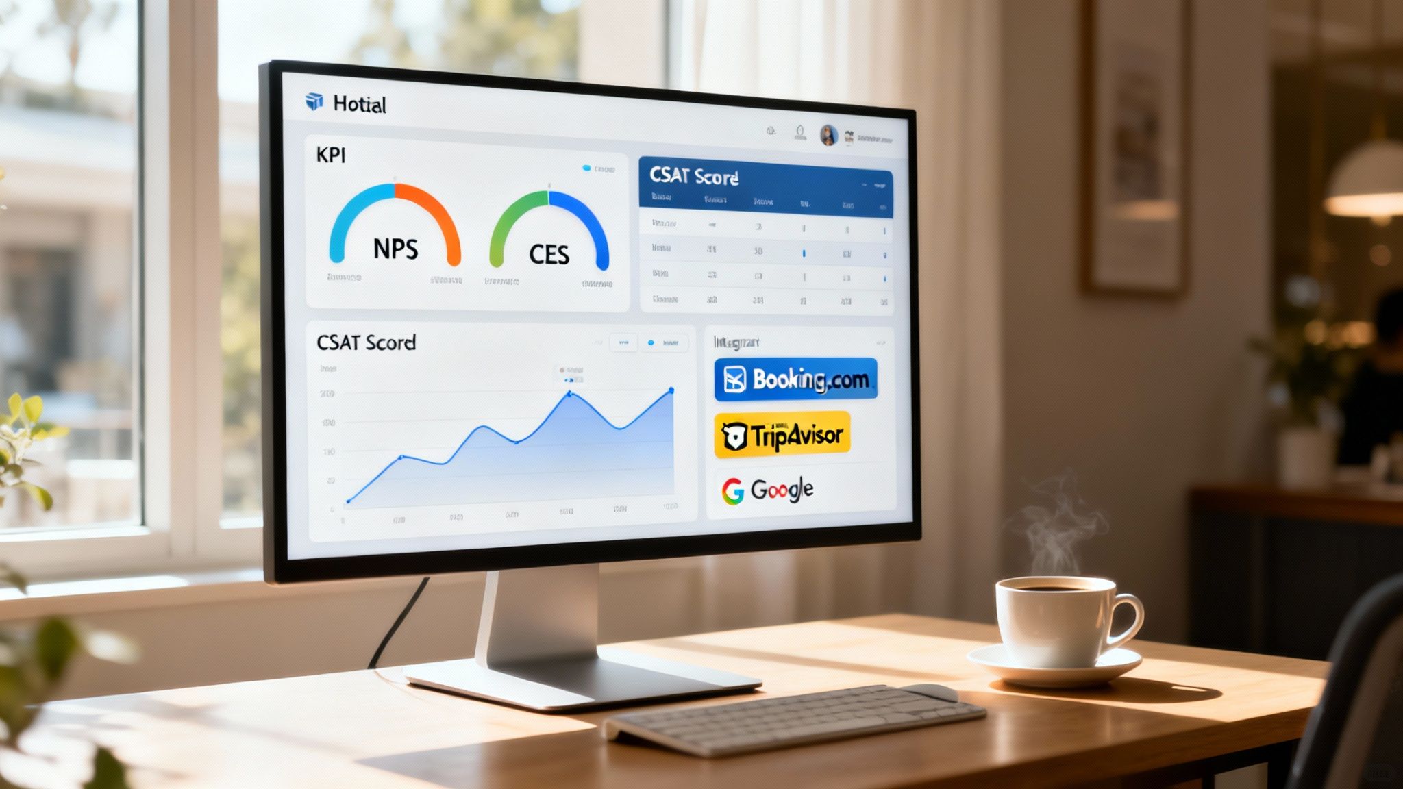 A computer monitor displays a customer experience dashboard with KPIs and integration logos on a wooden desk.