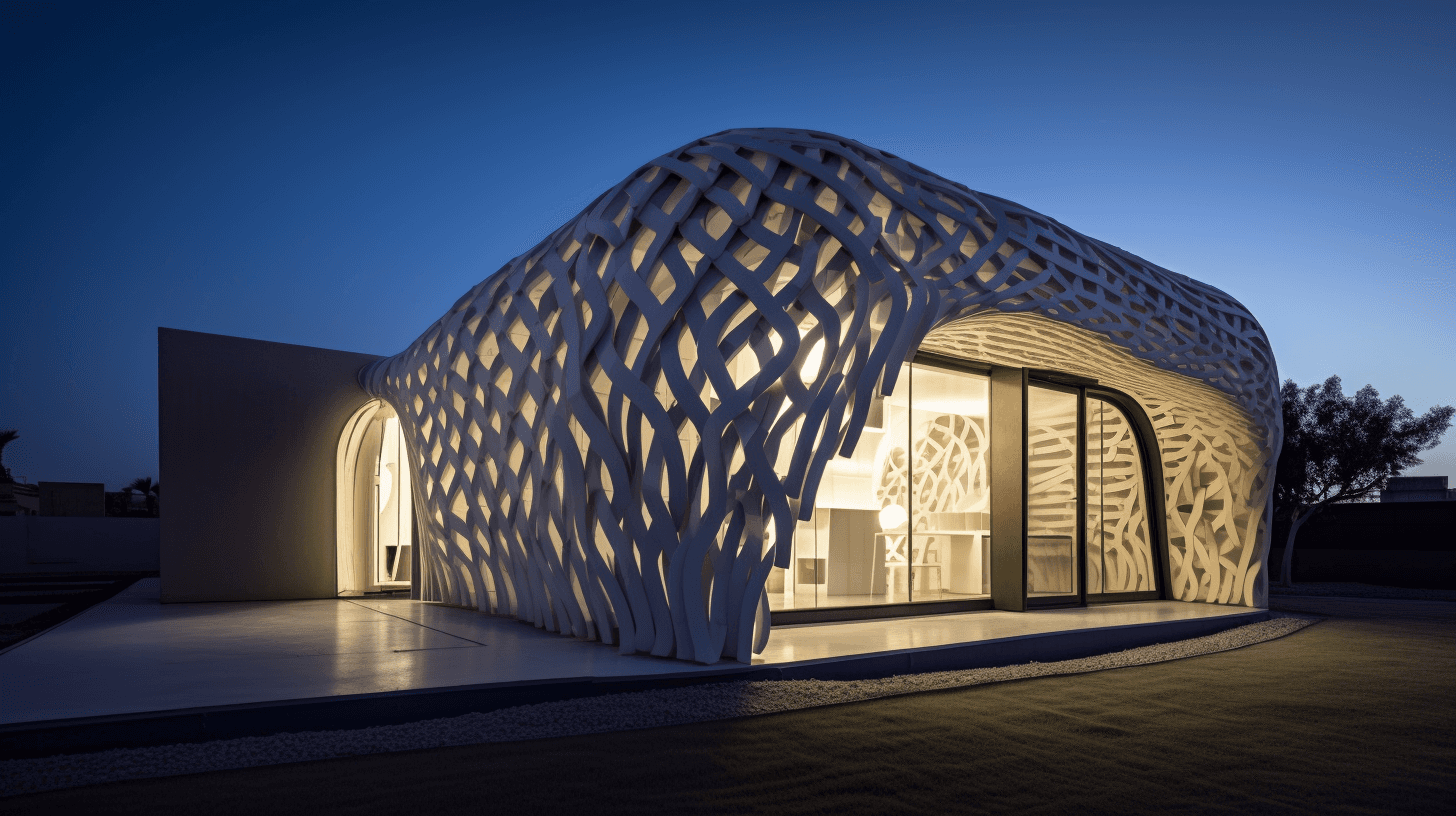 Organic pavilion with parametric perforated facade illuminated at dusk showing intricate lattice pattern
