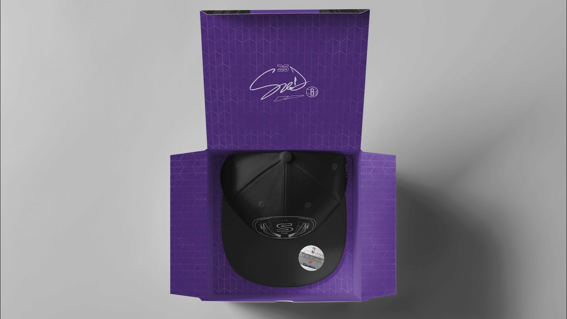 SGD.26 black snapback hat displayed in purple chevron pattern gift box with Spencer Dinwiddie signature and Brooklyn Nets branding on lid
