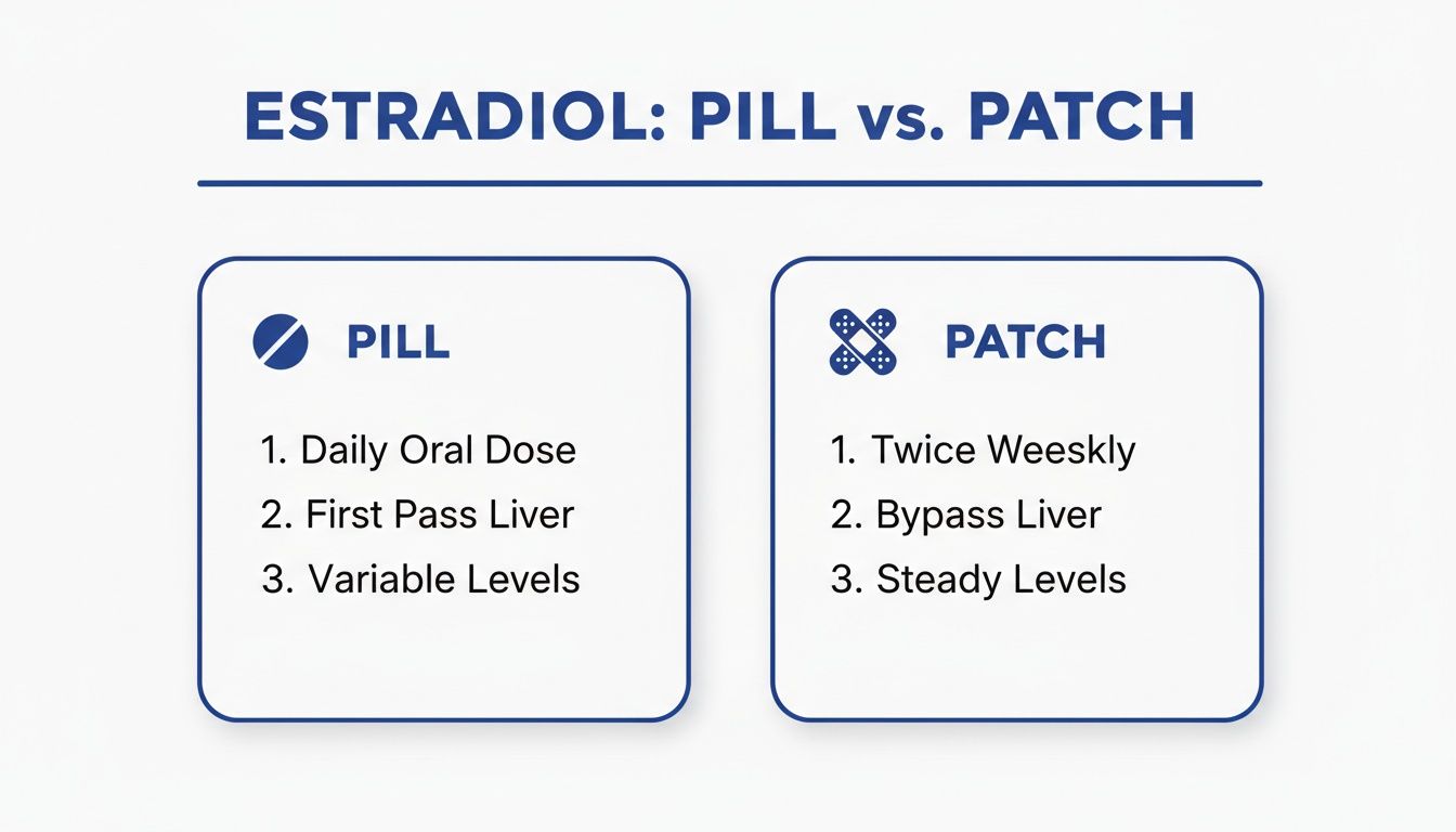 A comparison chart of Estradiol pill vs. patch, detailing administration, liver processing, and hormone levels.