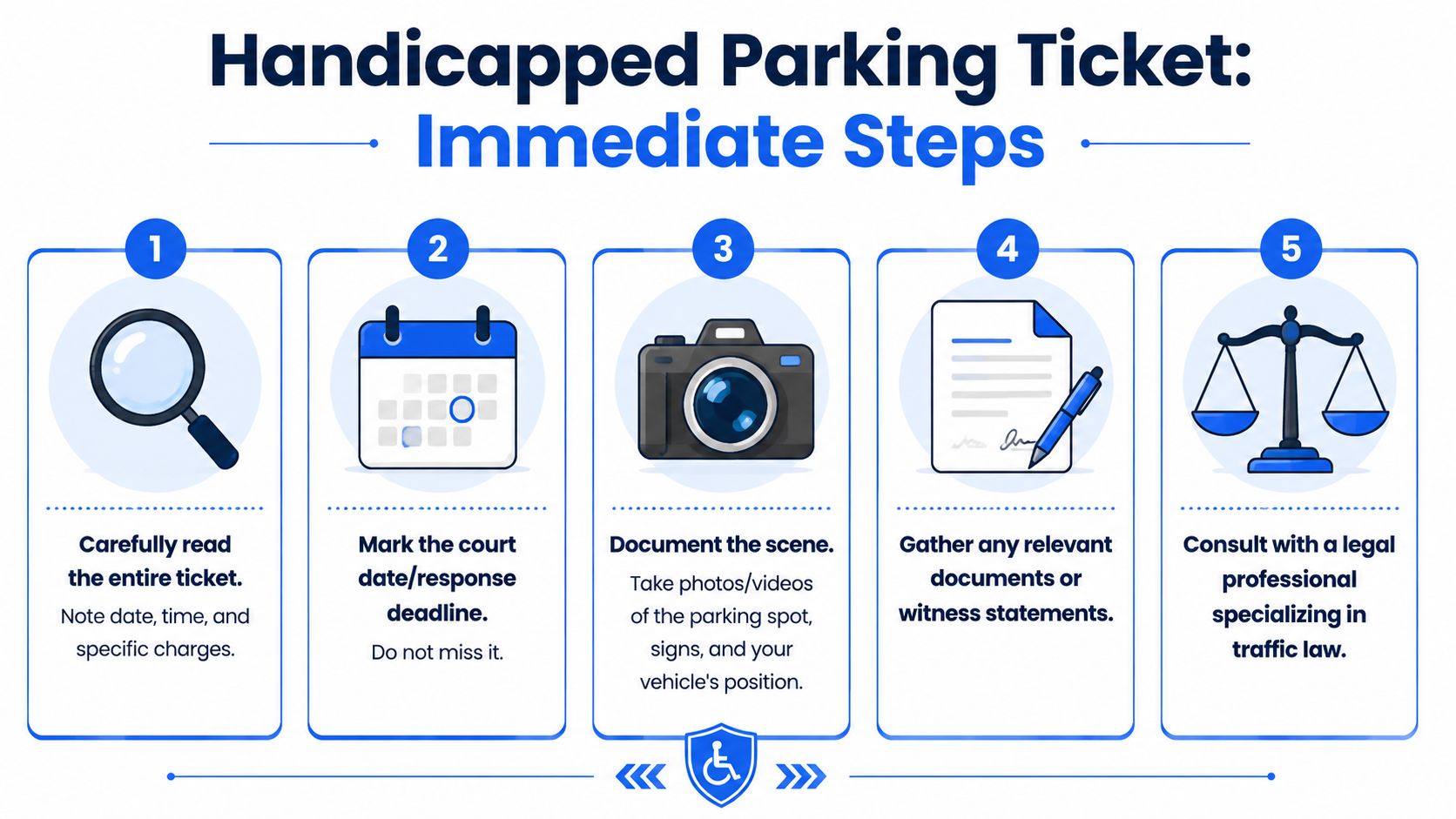 An infographic showing five immediate steps to take if you receive a handicapped parking ticket.