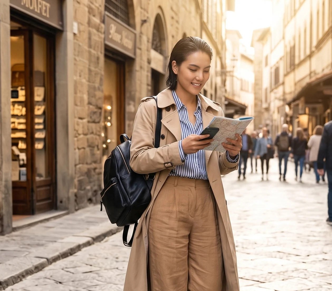 A female traveler in a trench coat walking down an European street while looking at a map and holding her phone.
