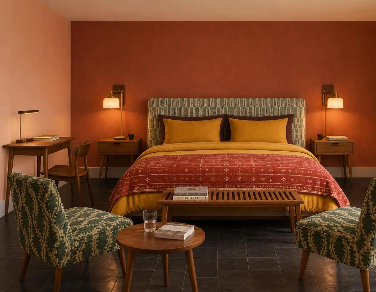 Cottage bedroom in warm terracotta tones at Jaali River Sanctuary