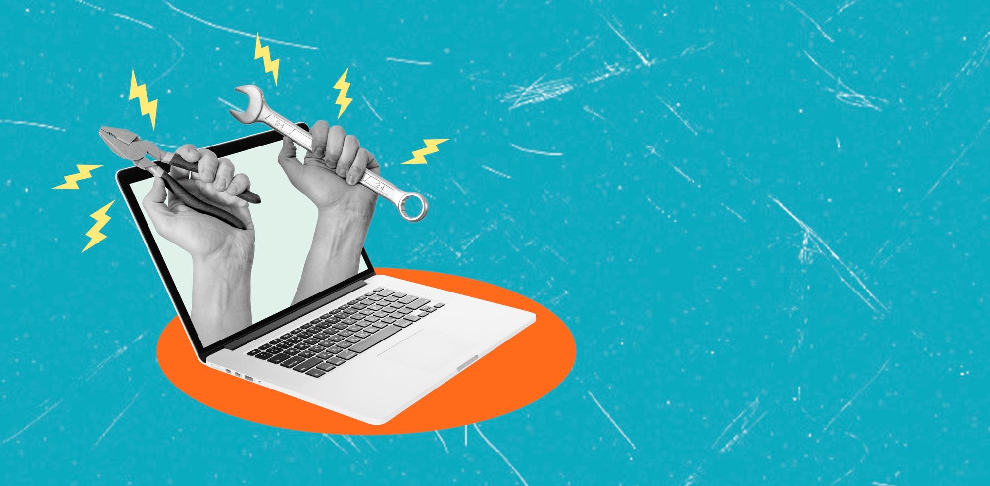 Hands holding tools emerge from a laptop screen to symbolize digital repair and technical support in a modern workspace