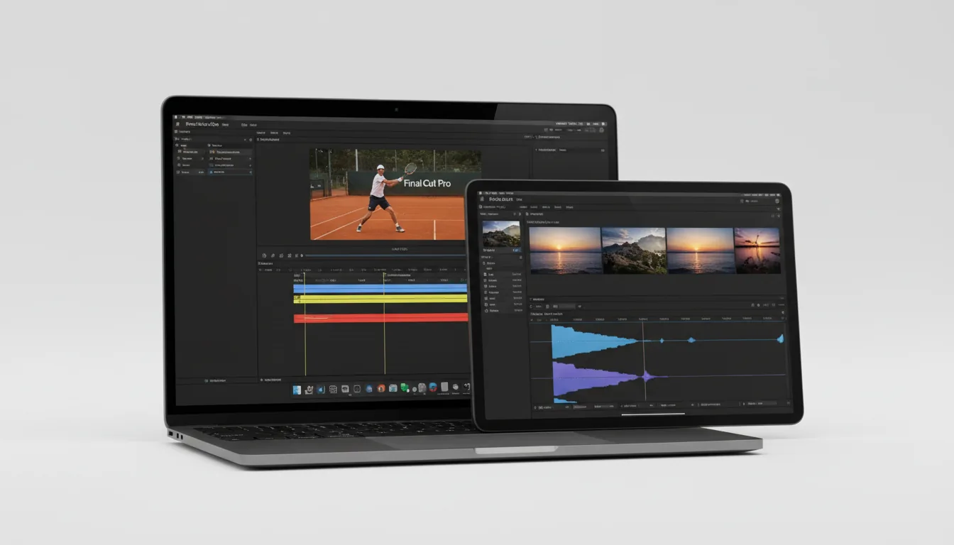 Clean product shot of a modern silver laptop and a dark gray tablet on a minimalist white background, with the tablet in the foreground partially overlapping the laptop. Both devices display the Final Cut Pro video editing software interface in a Modern Dark Mode. The laptop screen shows a video preview of a tennis player and a multi-track timeline with abstracted UI elements. The tablet screen shows a media grid with sunset video thumbnails and a detailed timeline with blue and purple video clips. Soft studio lighting, hyper-realistic, high-resolution.