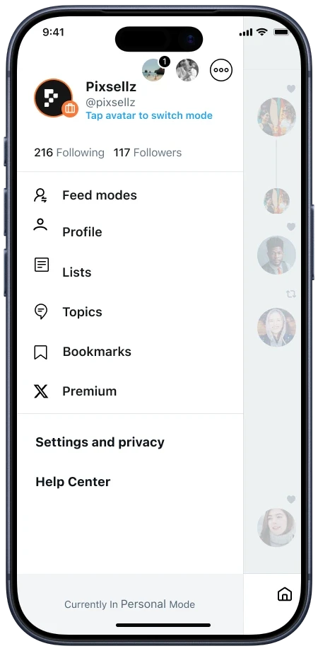 Before: avatar-based mode switching with current mode in the footer