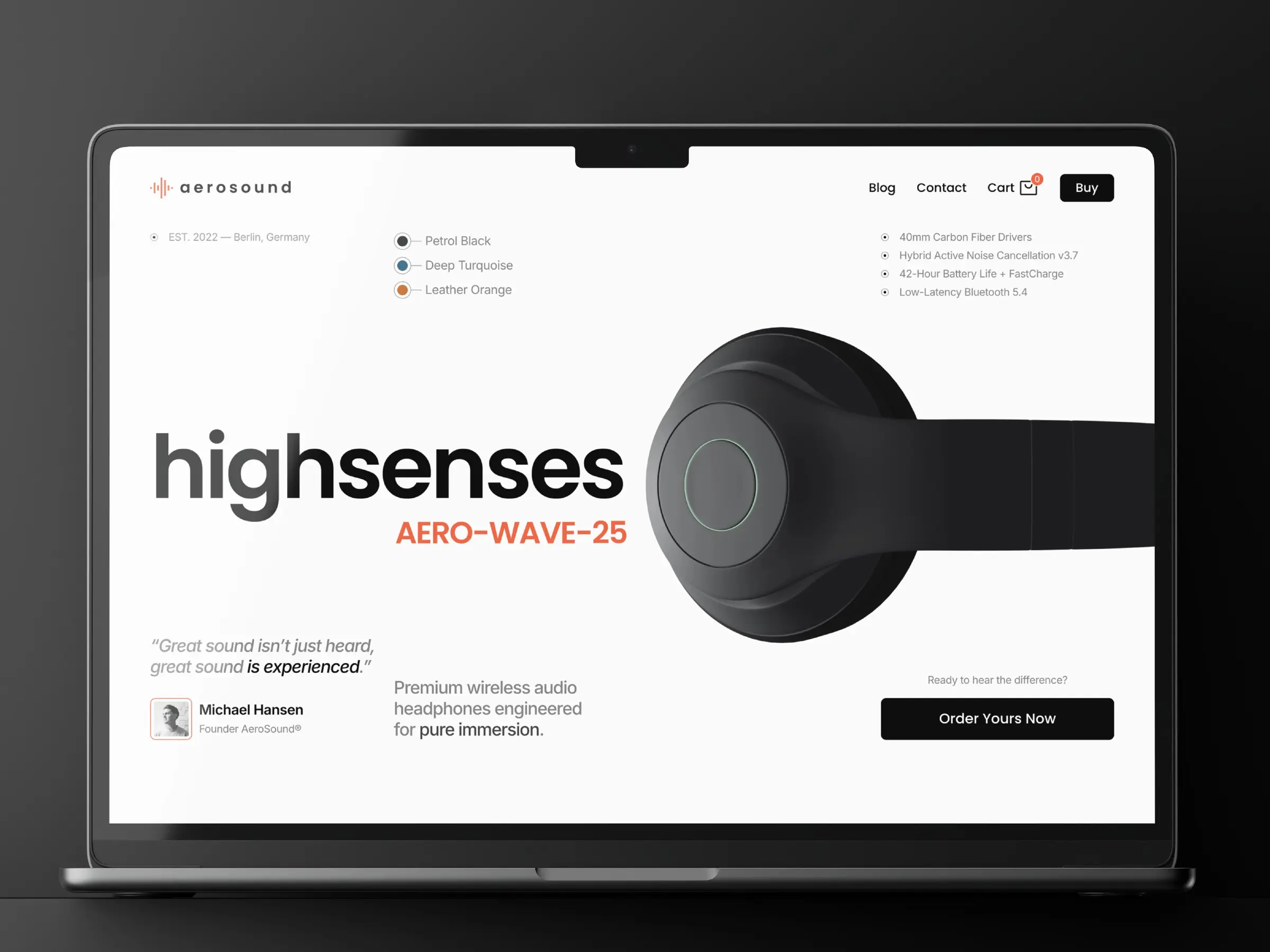 AeroSound headphones ecommerce Framer template featuring premium wireless headphones, product specifications, color options, and a minimalist design.