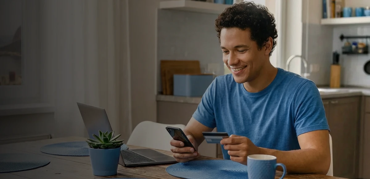 Homem com um celular e um cartão de crédito na mão
