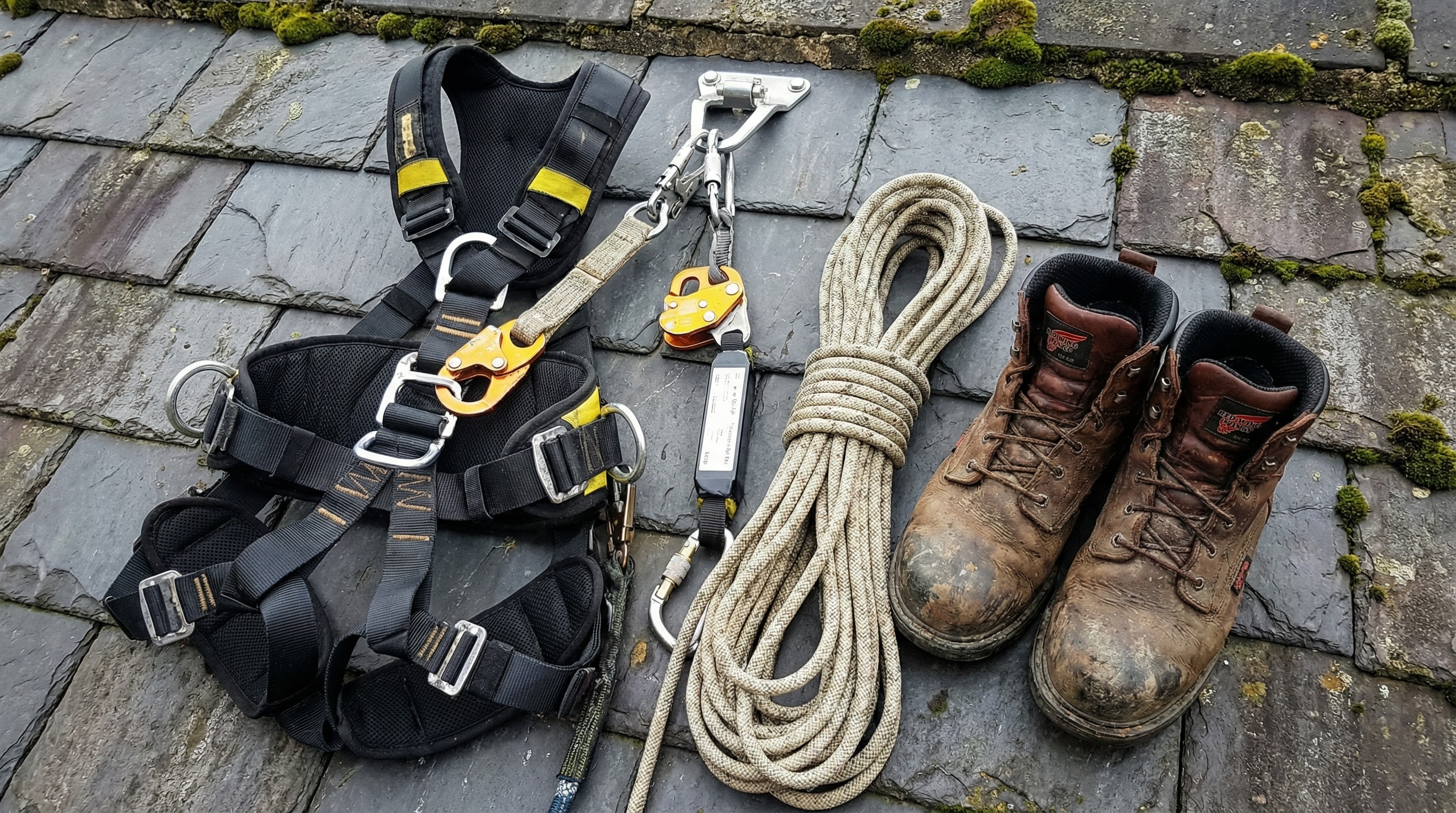 Essential safety gear for DIY roof moss removal including harness and non-slip boots.