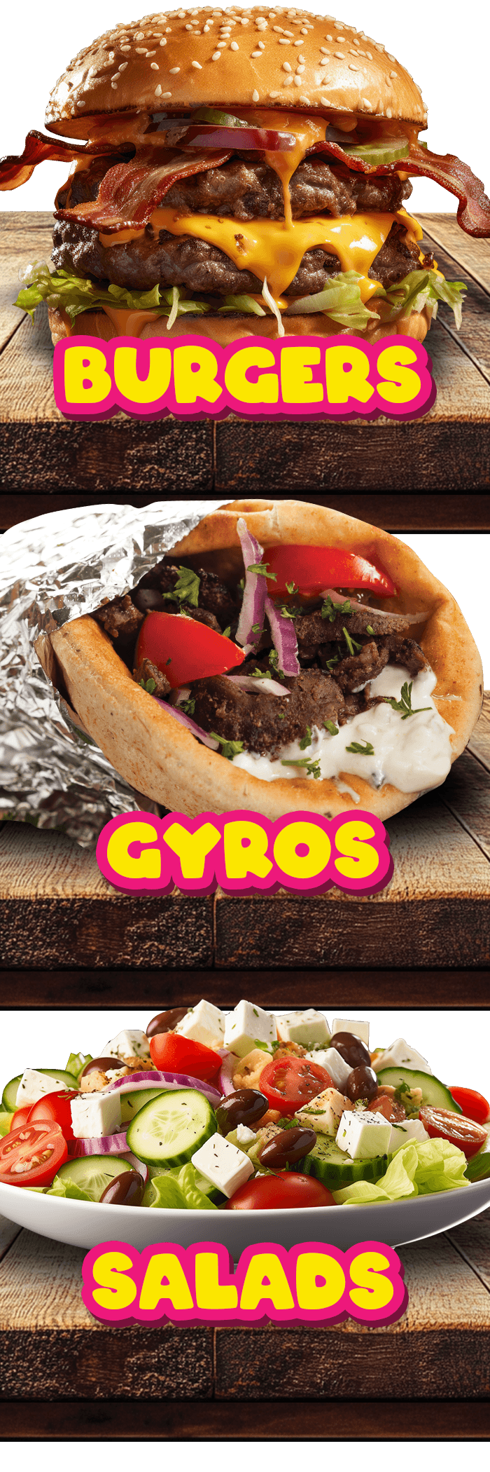 Fresh Greek salad, juicy burger, and authentic gyro pita from North End Pizza, Virginia Beach restaurant serving NY style hand-tossed pizza and Mediterranean favorites