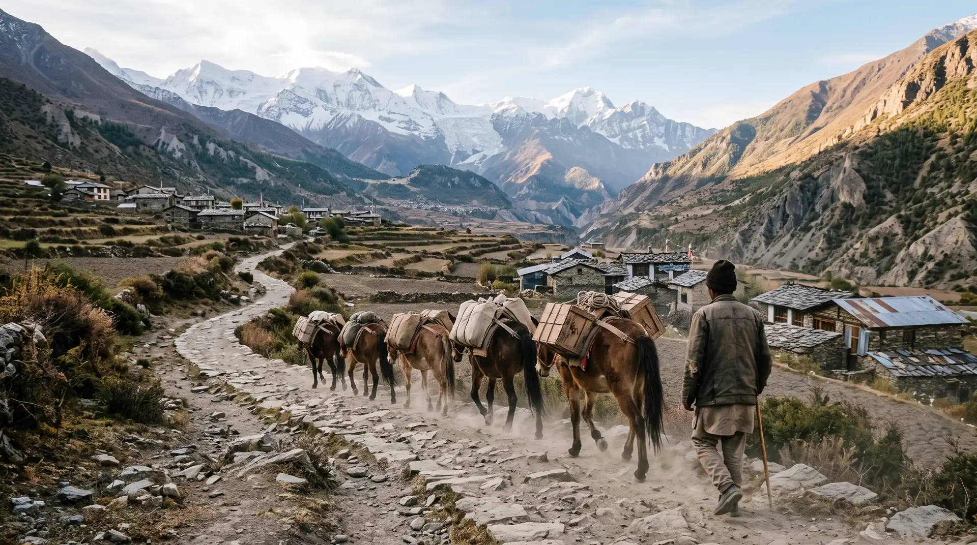 Pack animals carrying solar kits up the valley