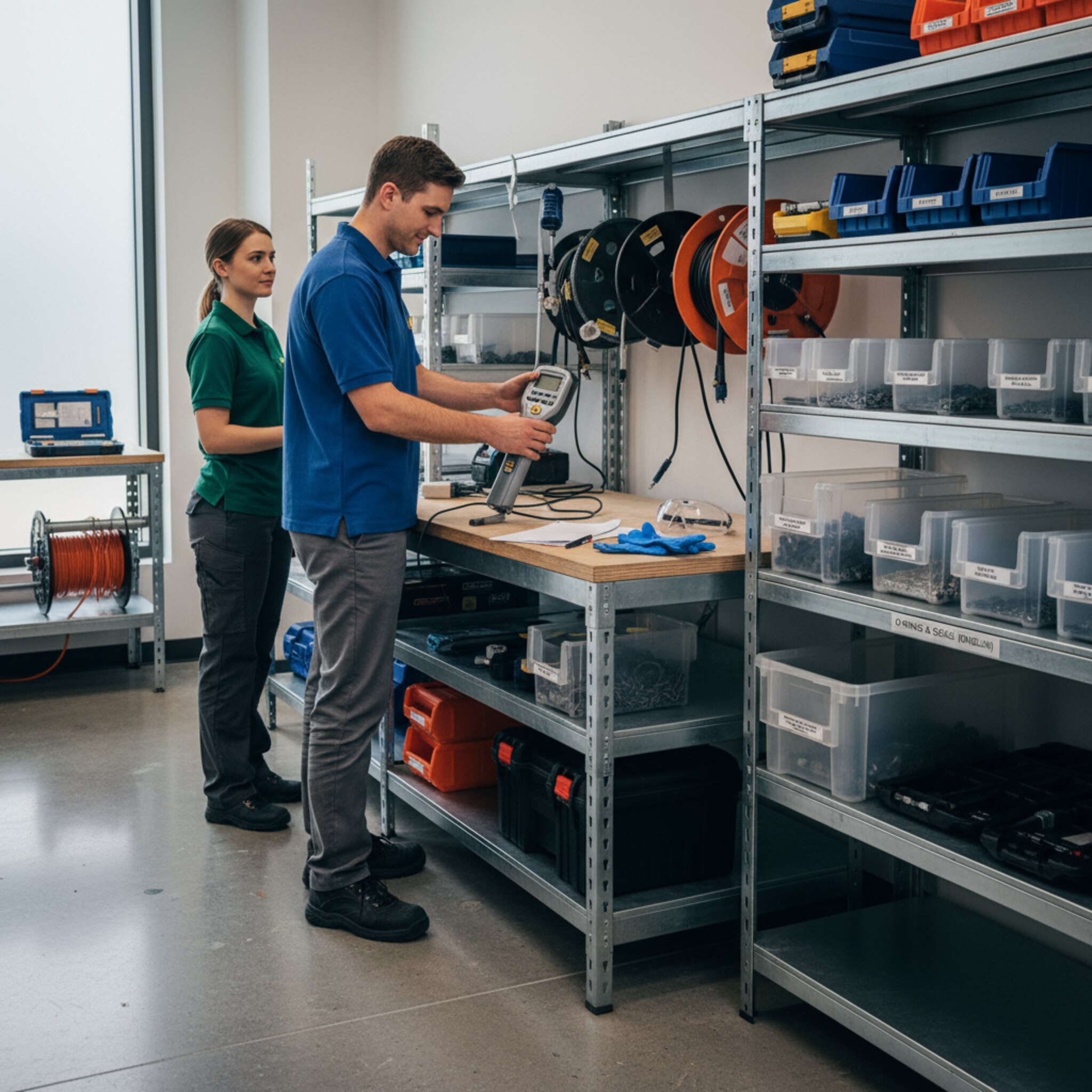 In einer hellen Gerätekammer nimmt ein Techniker ein kalibriertes Messgerät aus einem Regal. Eine Kollegin kontrolliert Zubehör in einer beschrifteten Box. Auf dem Tisch liegt ein unterschriebenes Protokoll neben Schutzbrille und Handschuhen. Es wirkt strukturiert, sicher und nachvollziehbar.