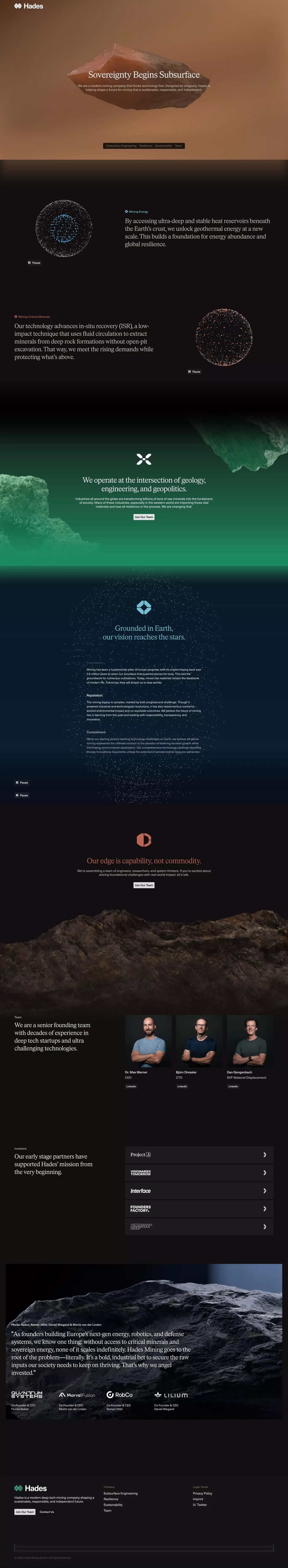 Hades Mining landing page screenshot showcasing Nature and Tech design