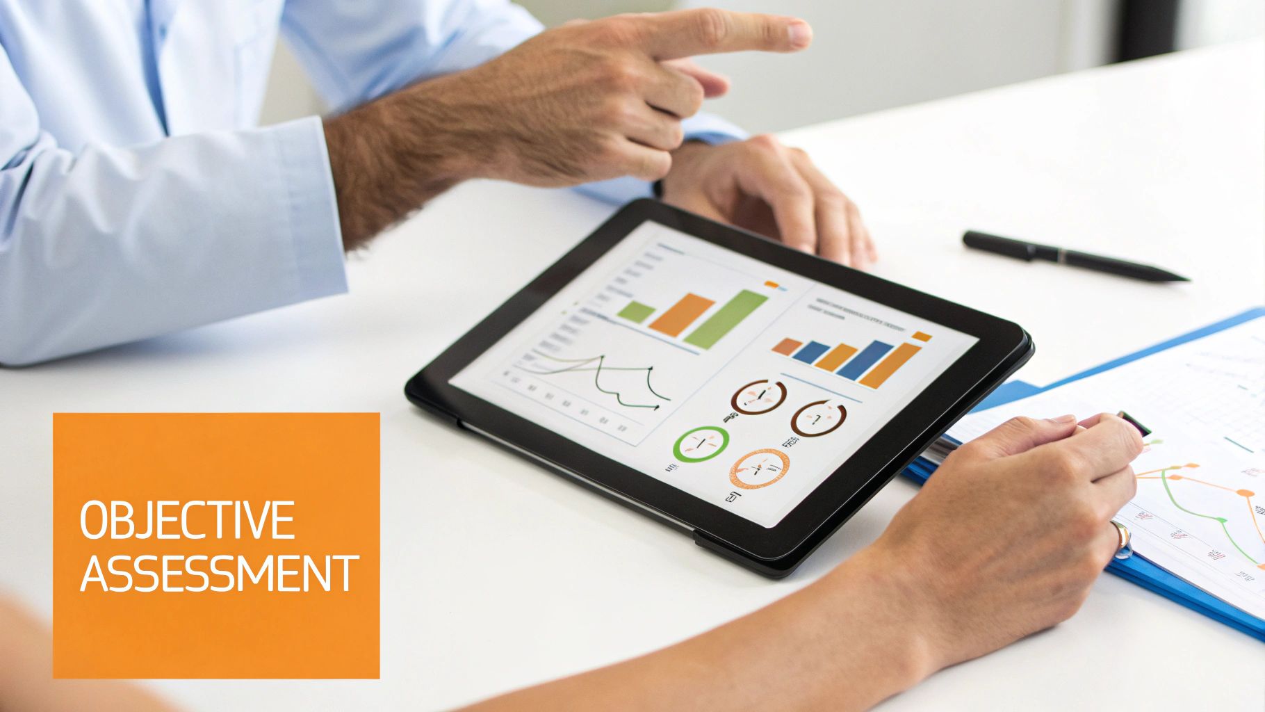 Professionals review objective assessment data and charts on a digital tablet and paper.