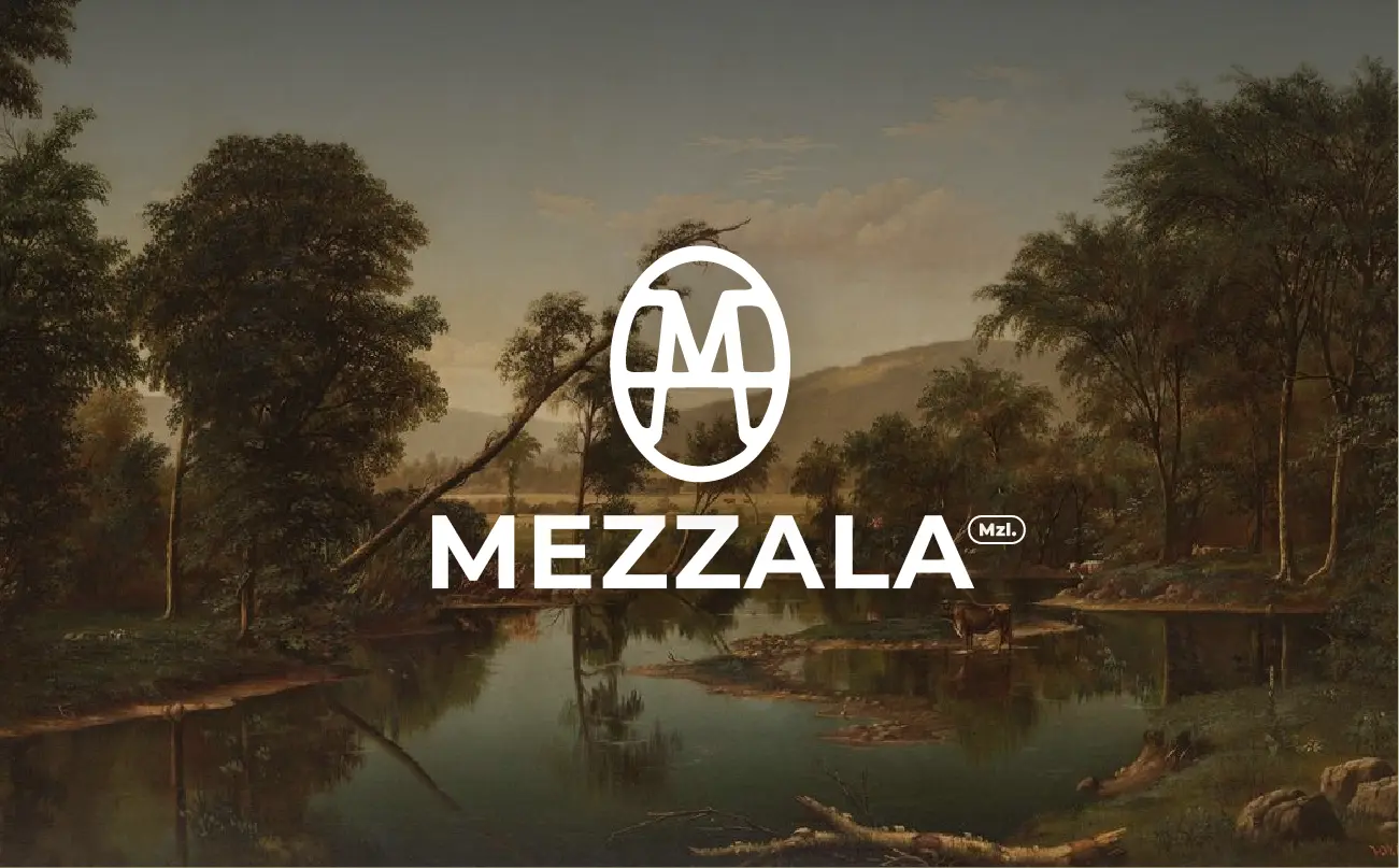 White Mezzala logo centered over a classic Hudson River School landscape painting featuring a river, trees, and dramatic lighting.