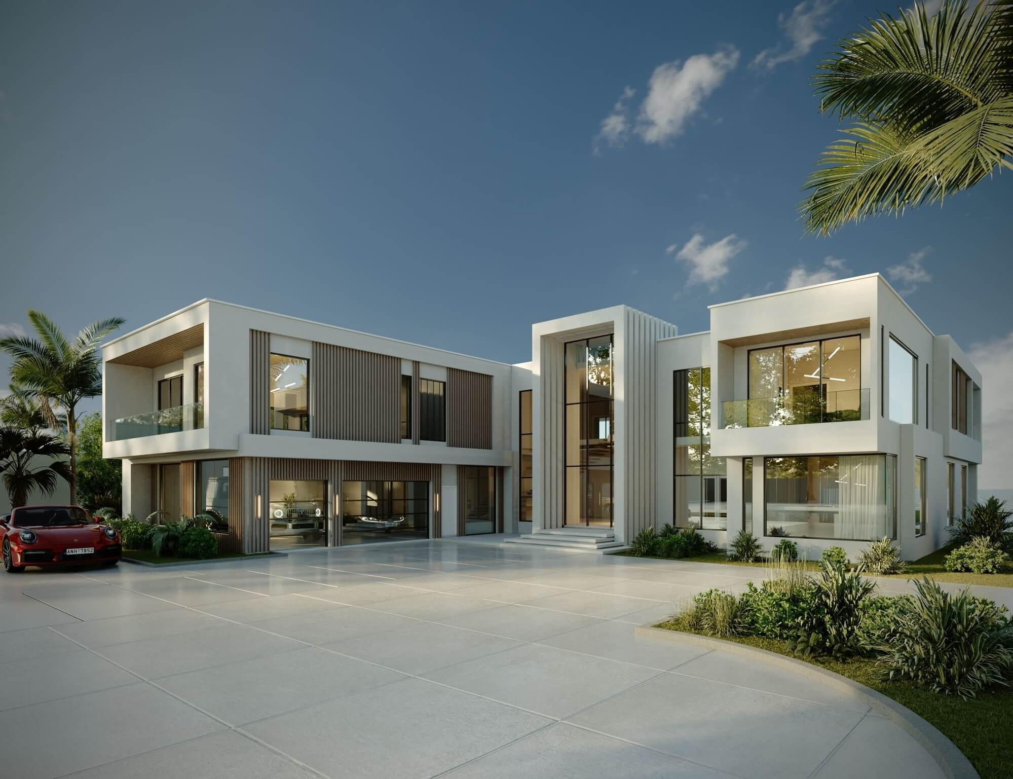 Architectural rendering of a modern white two-story luxury home exterior with glass facade, multi-car garage, and palm tree landscaping.