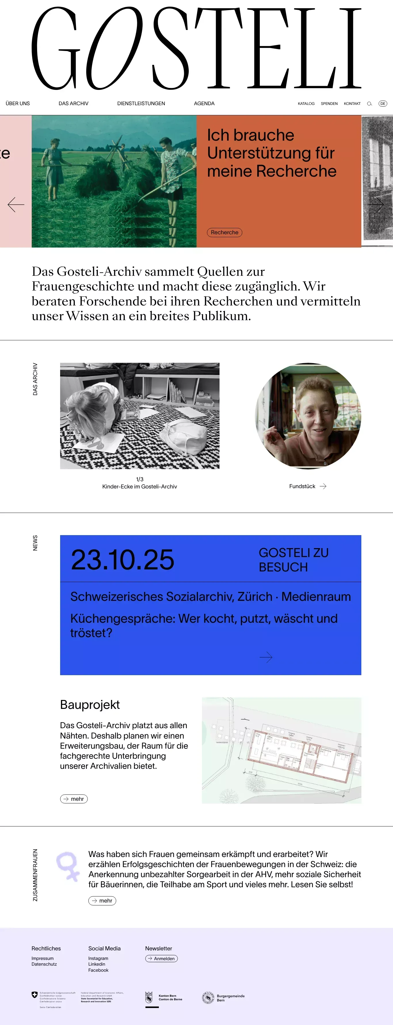 Gosteli-Archiv landing page screenshot showcasing Writing design