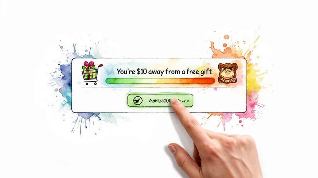 Watercolor illustration of a shopping cart, 'You're $10 away from a free gift' message, and hand clicking button.