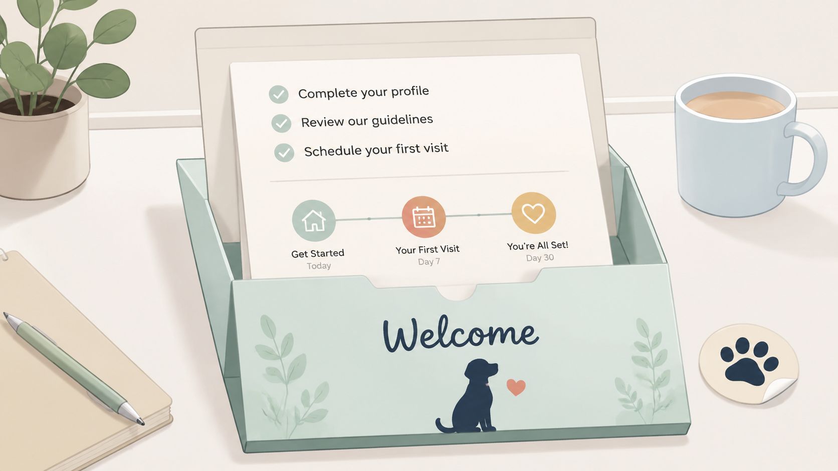 A welcome desk organizer with a checklist for new clients including profile completion and visit scheduling.