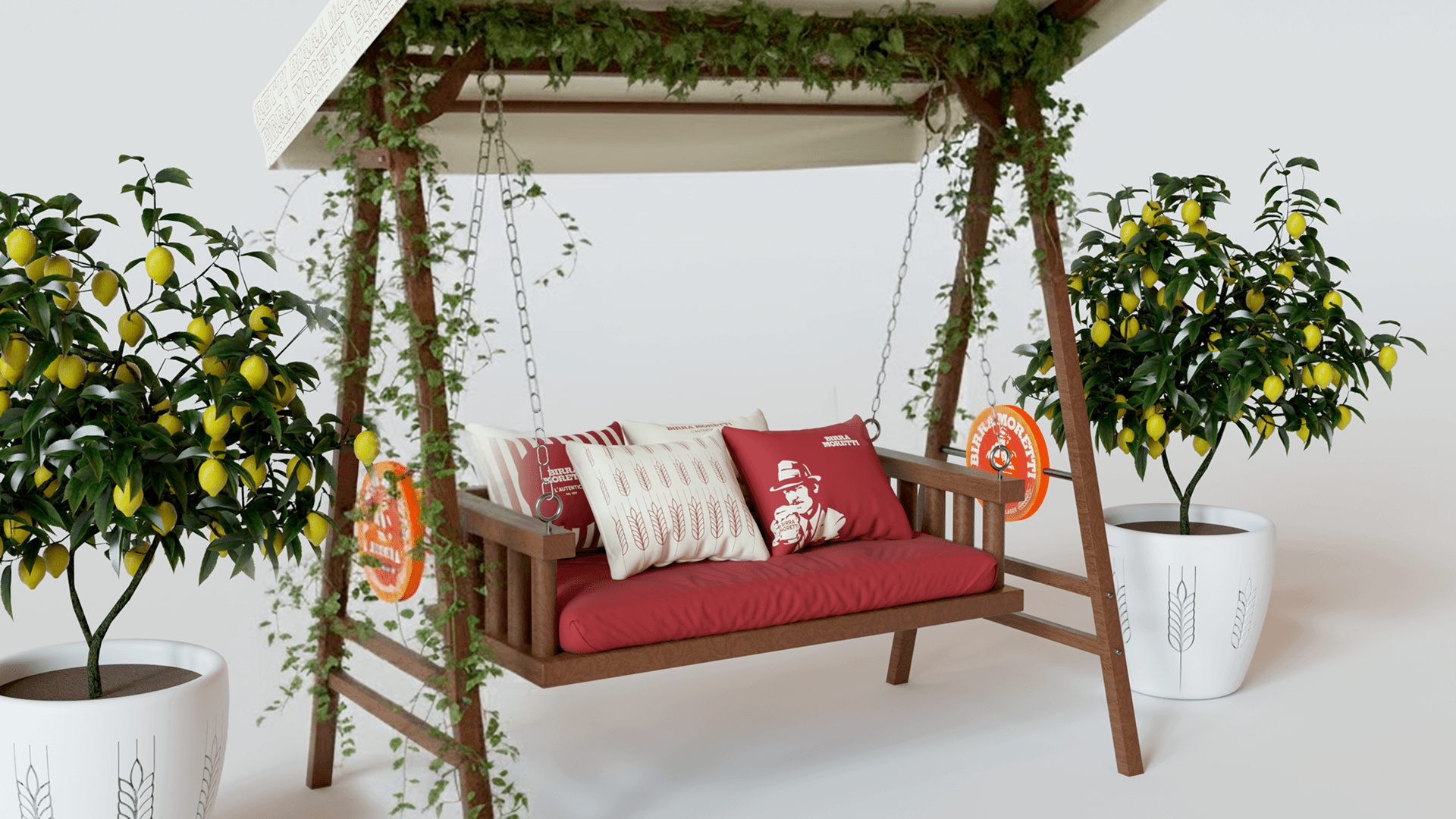 Birra Moretti themed swing with branded cushions, creating a cozy and playful seating spot in the restaurant
