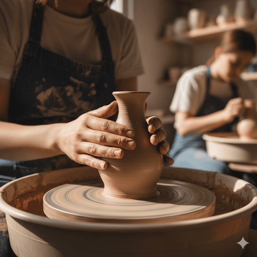 Student shaping clay on wheels