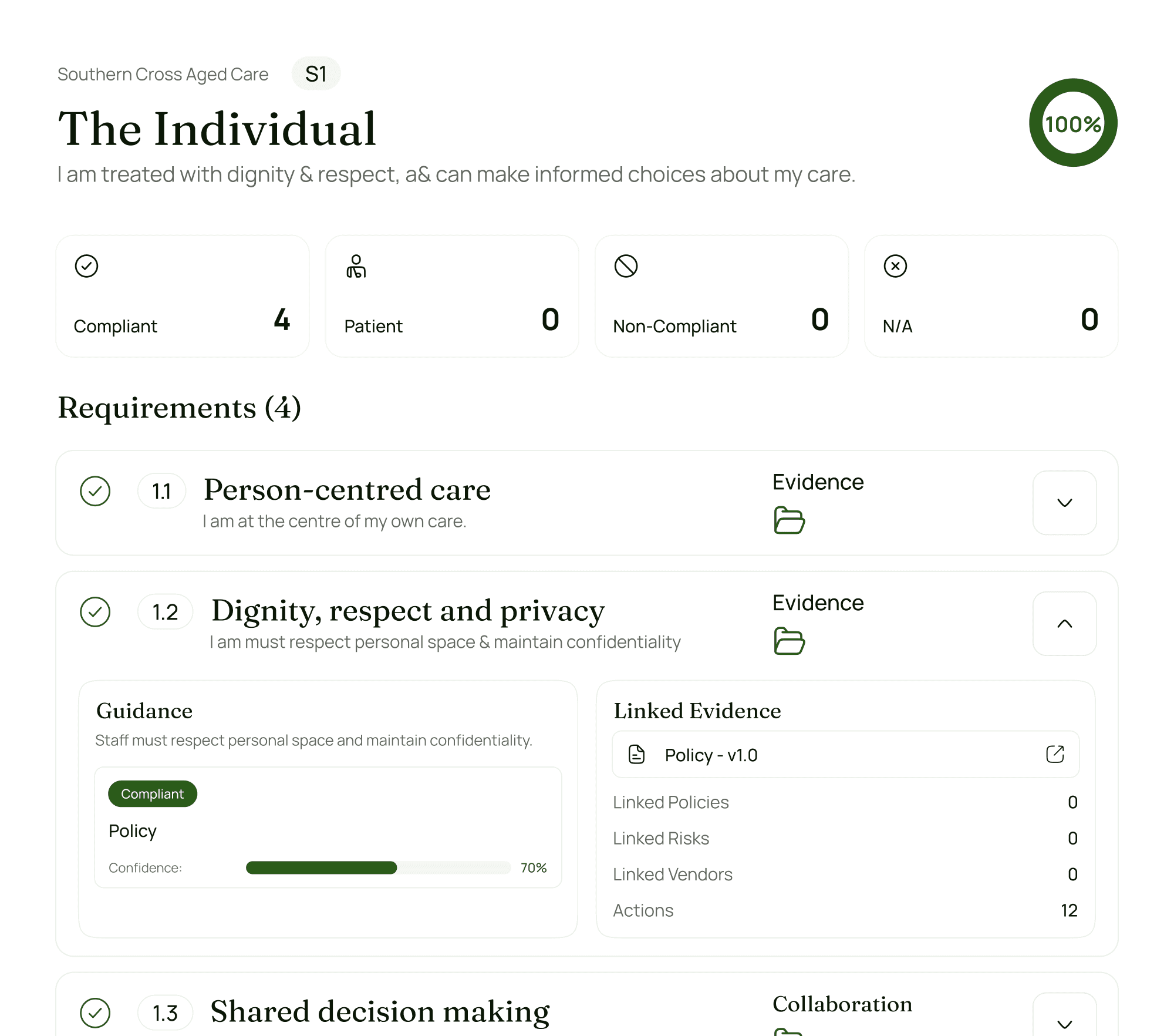 Compliance assessment interface showing site-level status, requirements, and evidence tracking