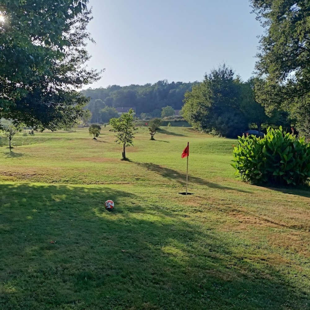 Photo du parcours du foot golf au domaine de la brame, drapeau flotant et ballon, avec un joli jeu d'ombre et de lumière sous les chênes