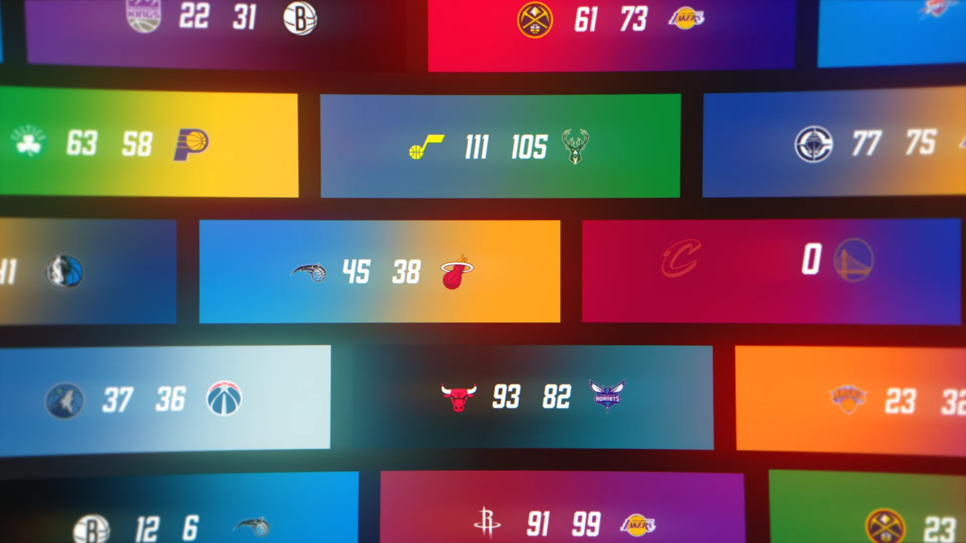 A colorful grid of rectangular buttons featuring various icons and symbols on vibrant backgrounds.