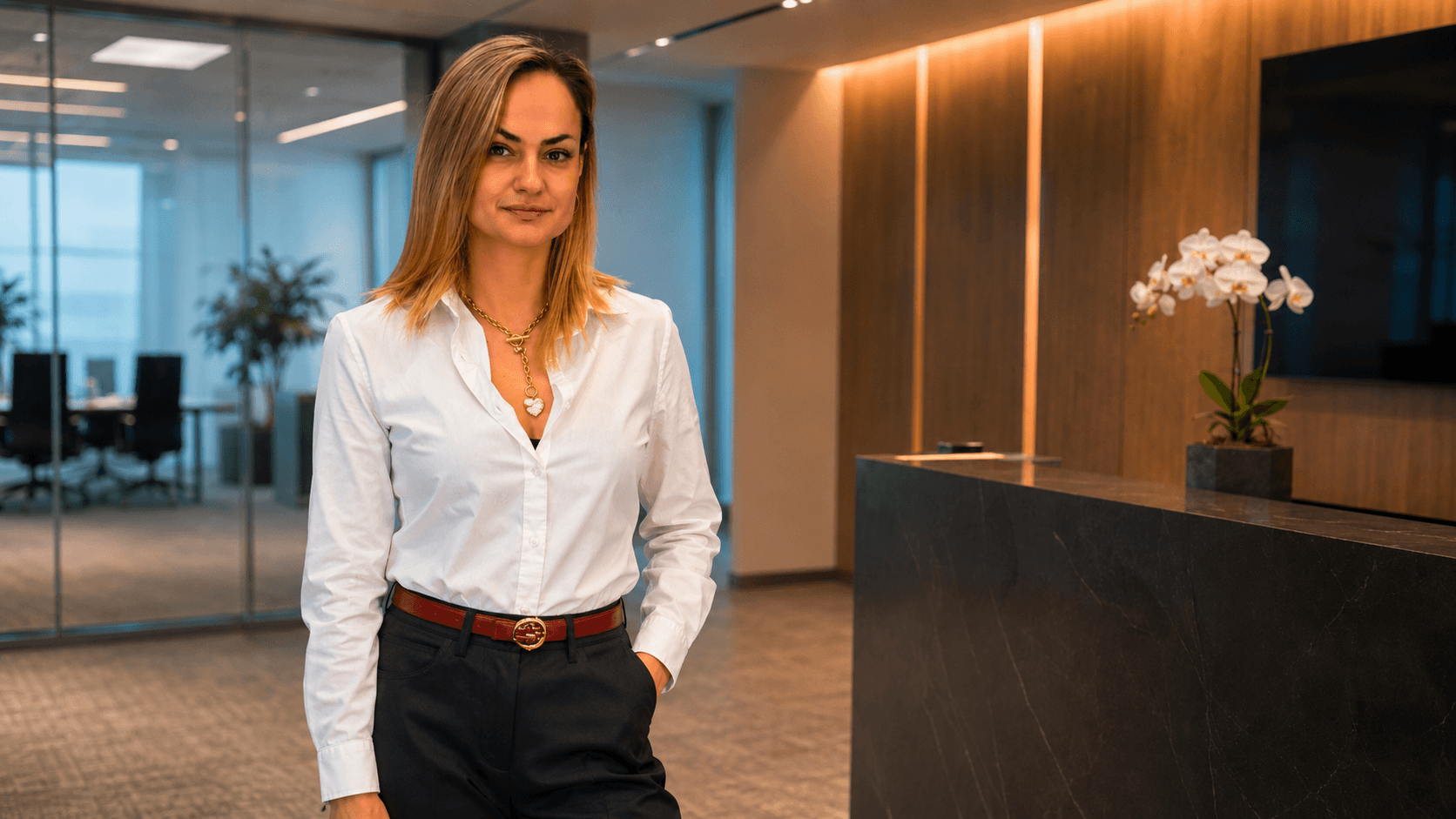 Rachel Stone standing with ABS and hands in her pockets