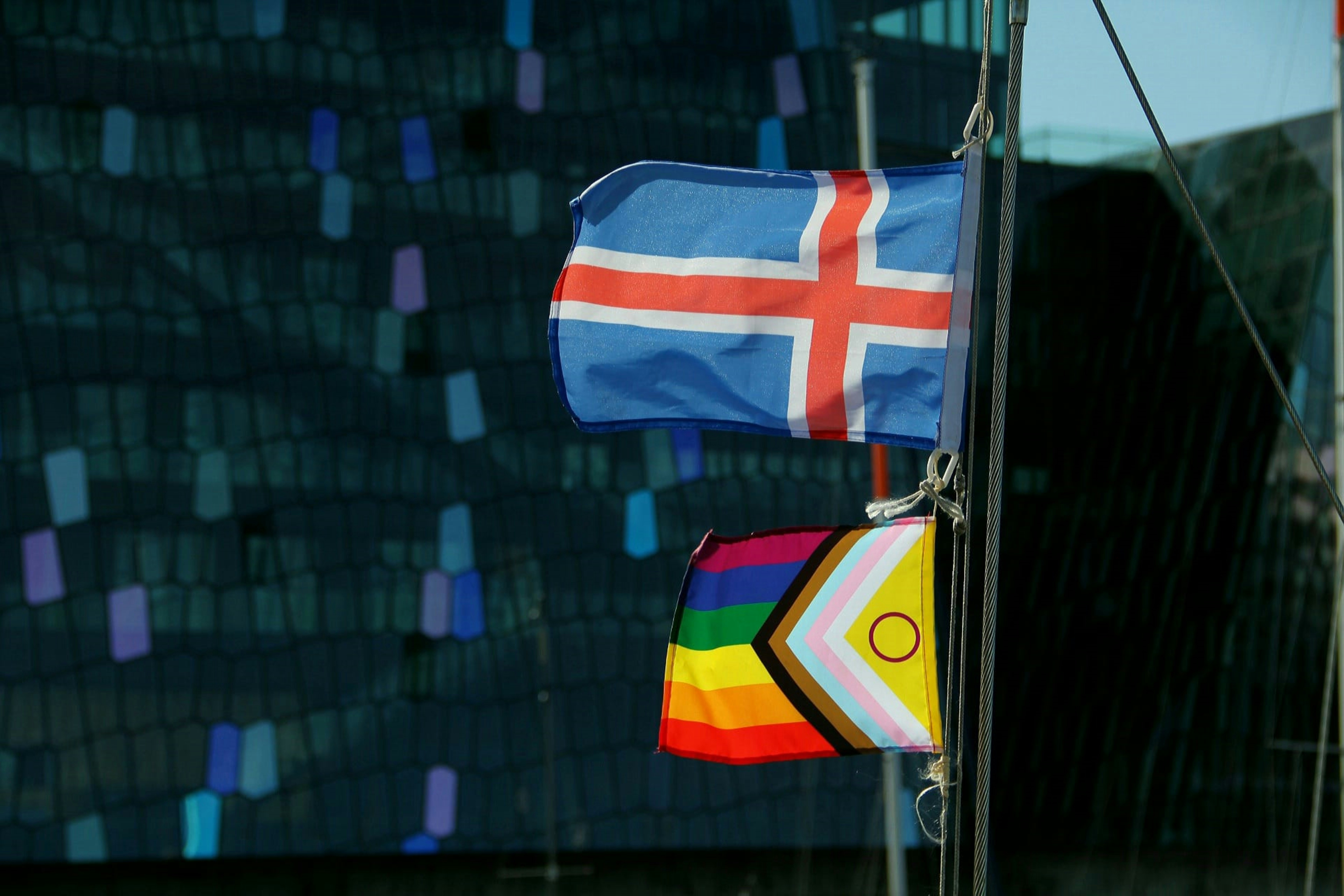 Iceland’s flag and an LGBTQIA+ flag in front of Harpa Concert Hall.