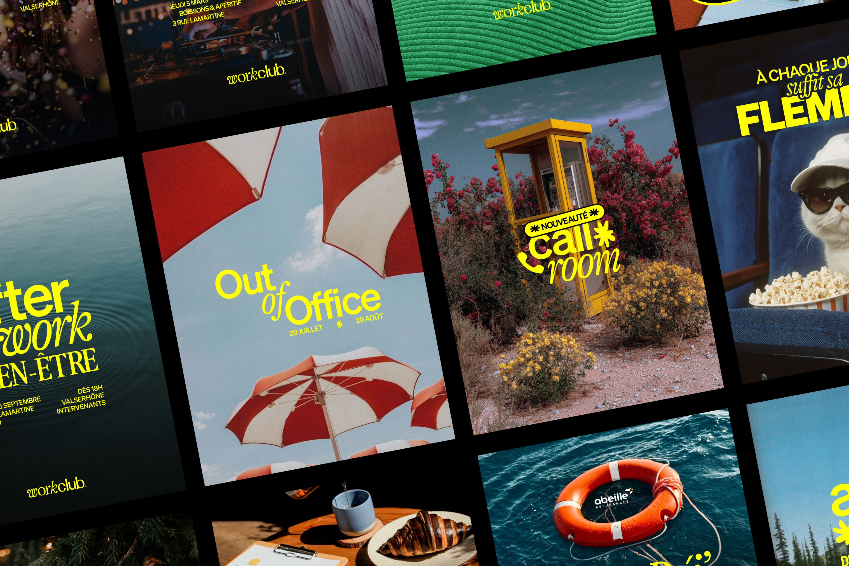 Mosaïque d’affiches Workclub inspirées des vacances avec parasols, cabine téléphonique et bouée de sauvetage, campagne de communication pour coworking créatif.
