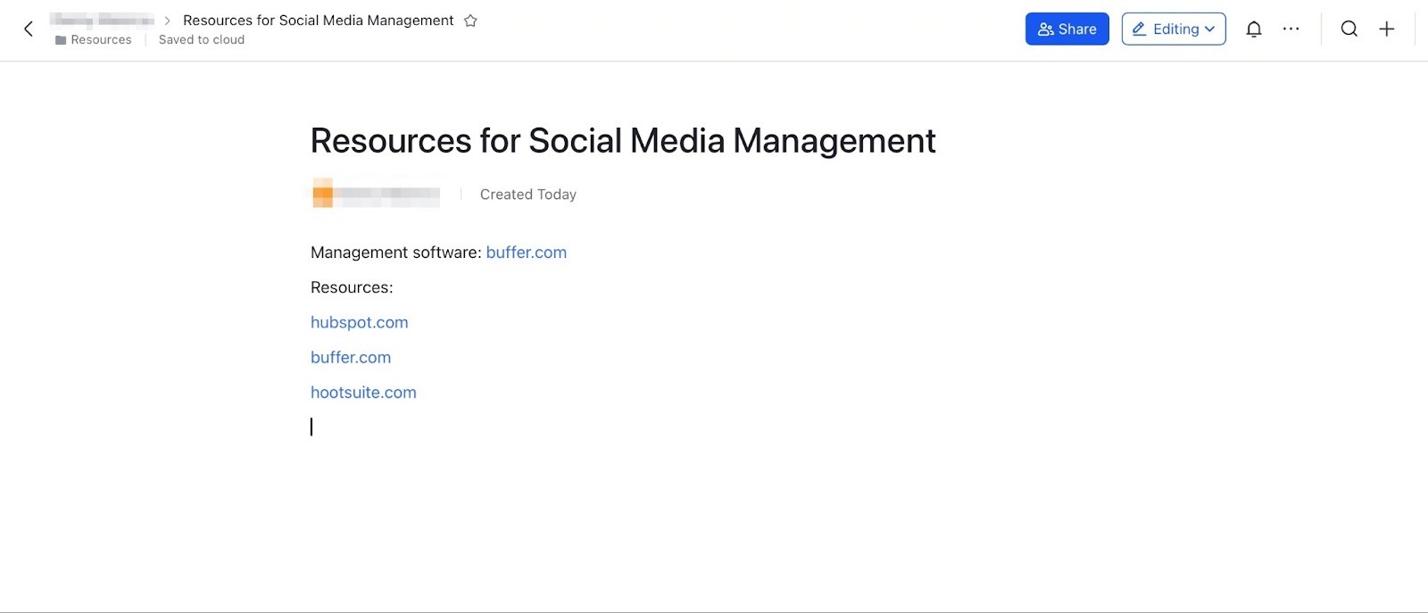 A list of resources that a social media manager would use, as specified in the resources section