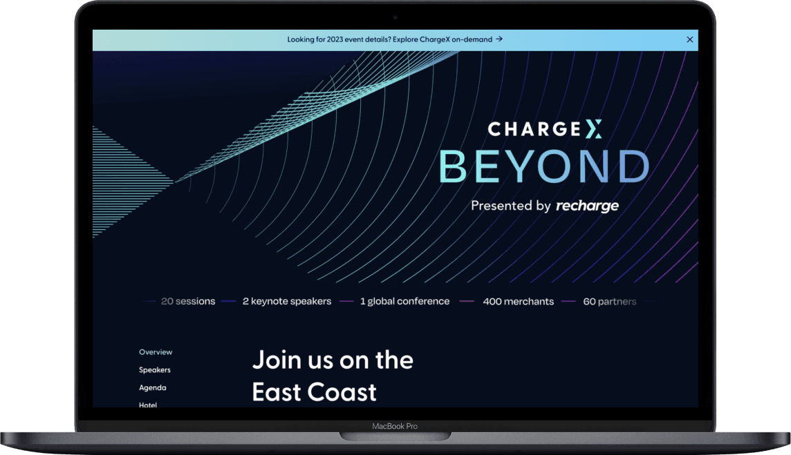 Laptop mockup showing the ChargeX Beyond conference landing page hero with the event name and session stats