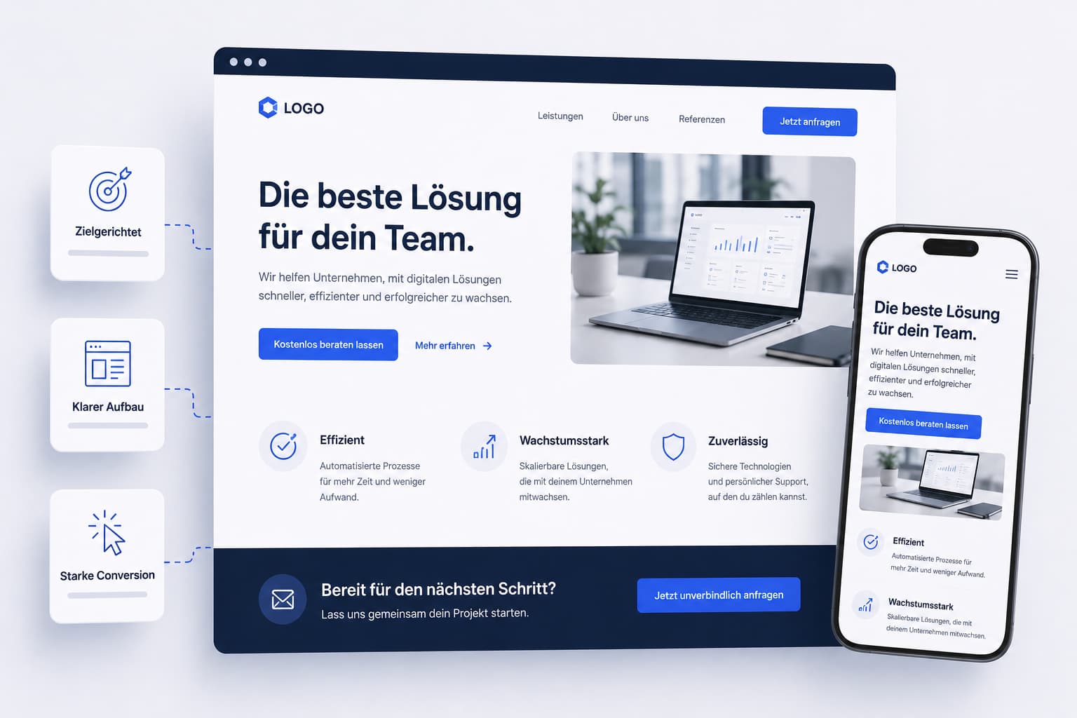 Grafische Darstellung einer Landingpage mit Formularen, Call to Actions und Leistungsseiten. Das Bild zeigt SEO Landingpages, Conversion Optimierung und Leadgenerierung für Unternehmen.