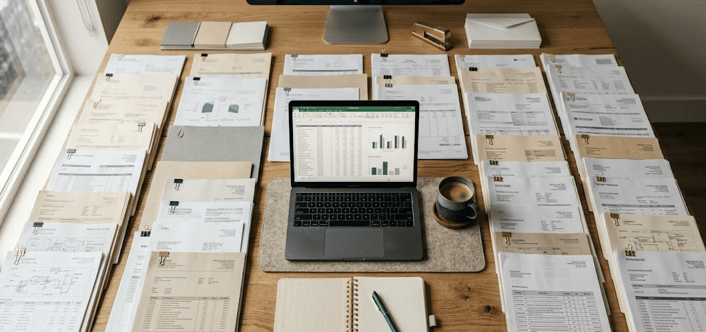 Organized desk with laptop and spreadsheets handling a massive procurement workload
