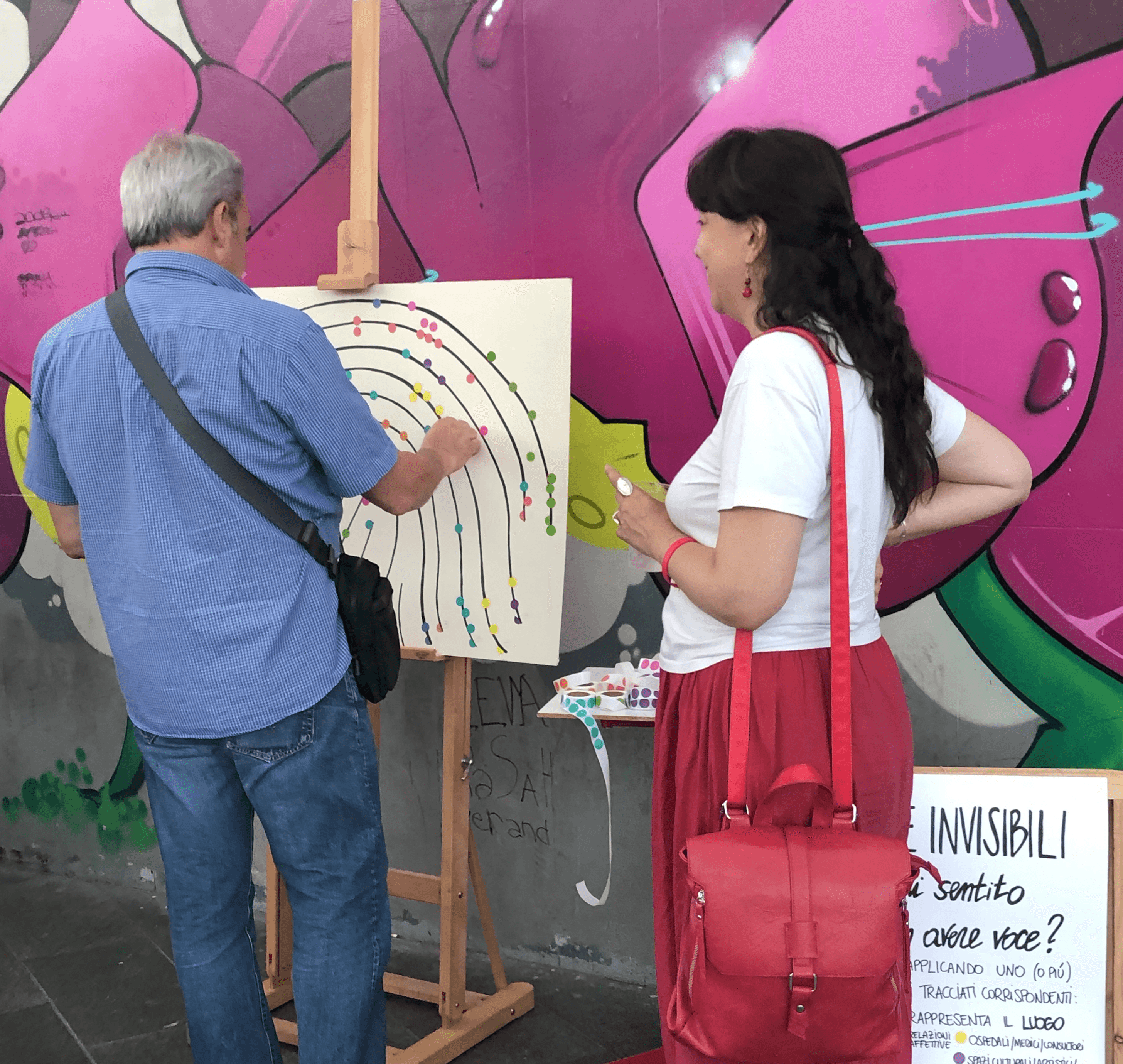 Participatory data visualization collecting personal experiences through a simple prompt, where each dot marks a place and contributes to a shared visual map of voices and patterns
