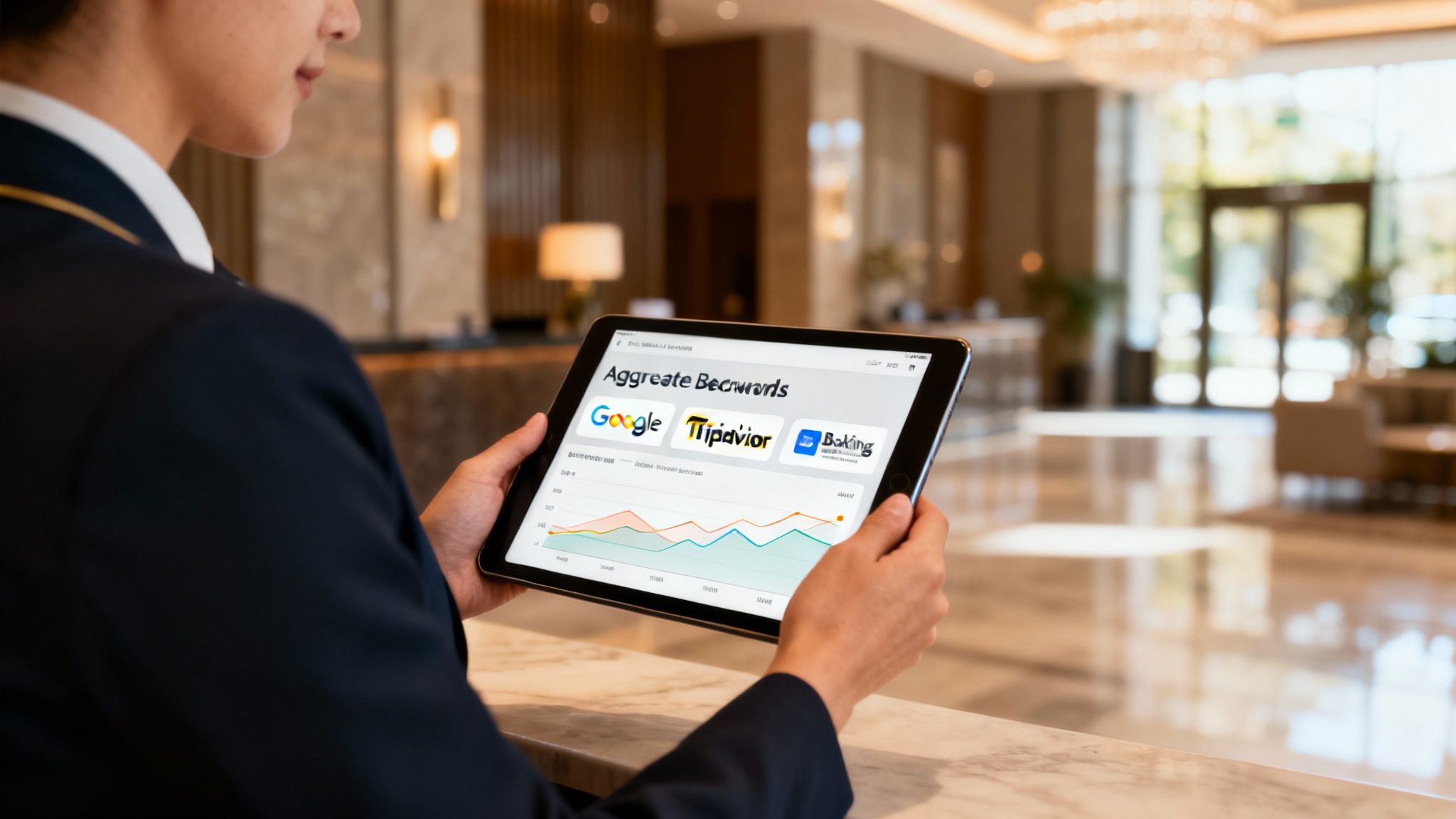 A person analyzing customer feedback data on a large digital screen with charts and graphs.