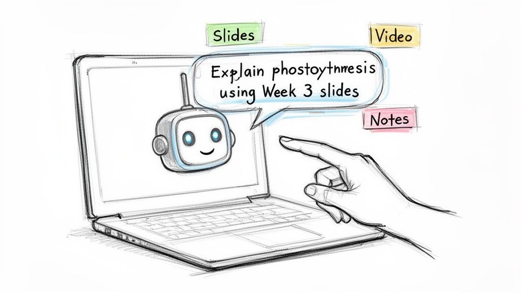 AI robot on laptop screen asks to explain photosynthesis using slides, with resource options displayed.