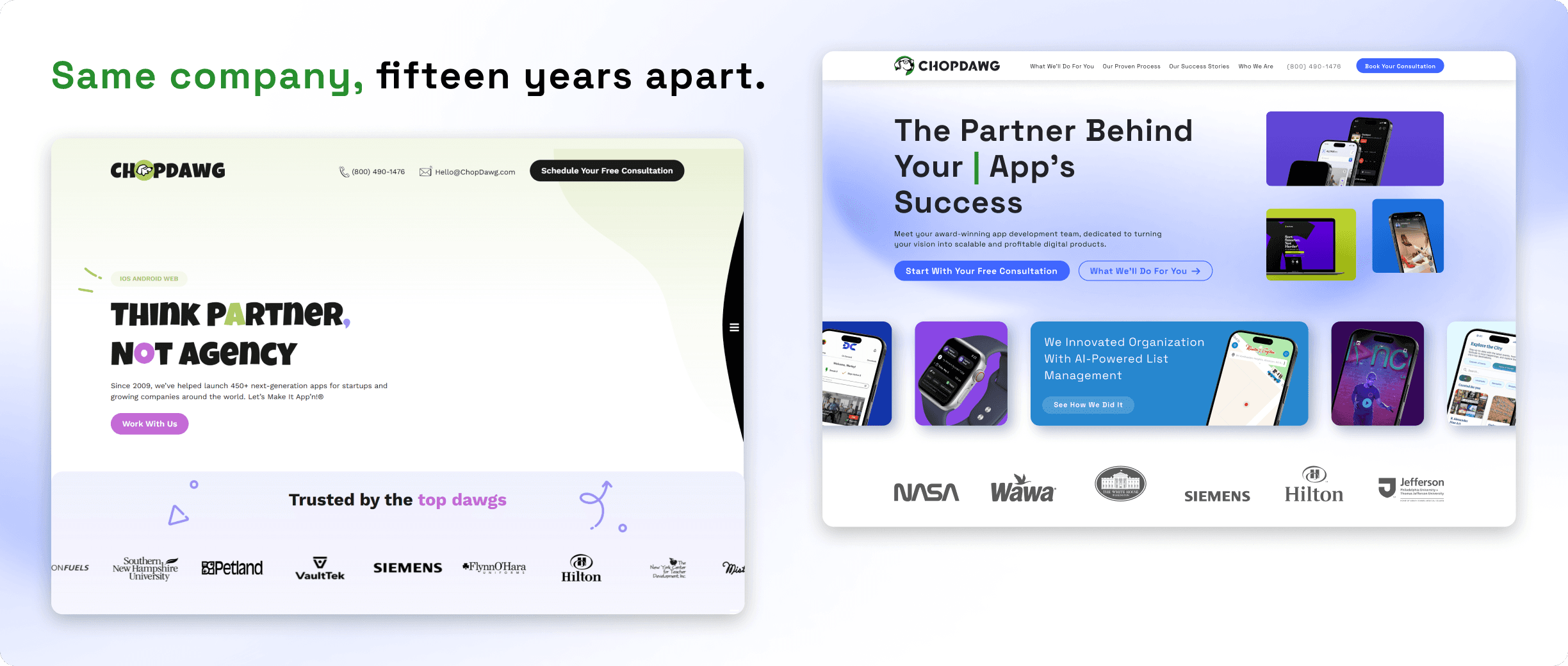 The old and new Chop Dawg homepages side by side