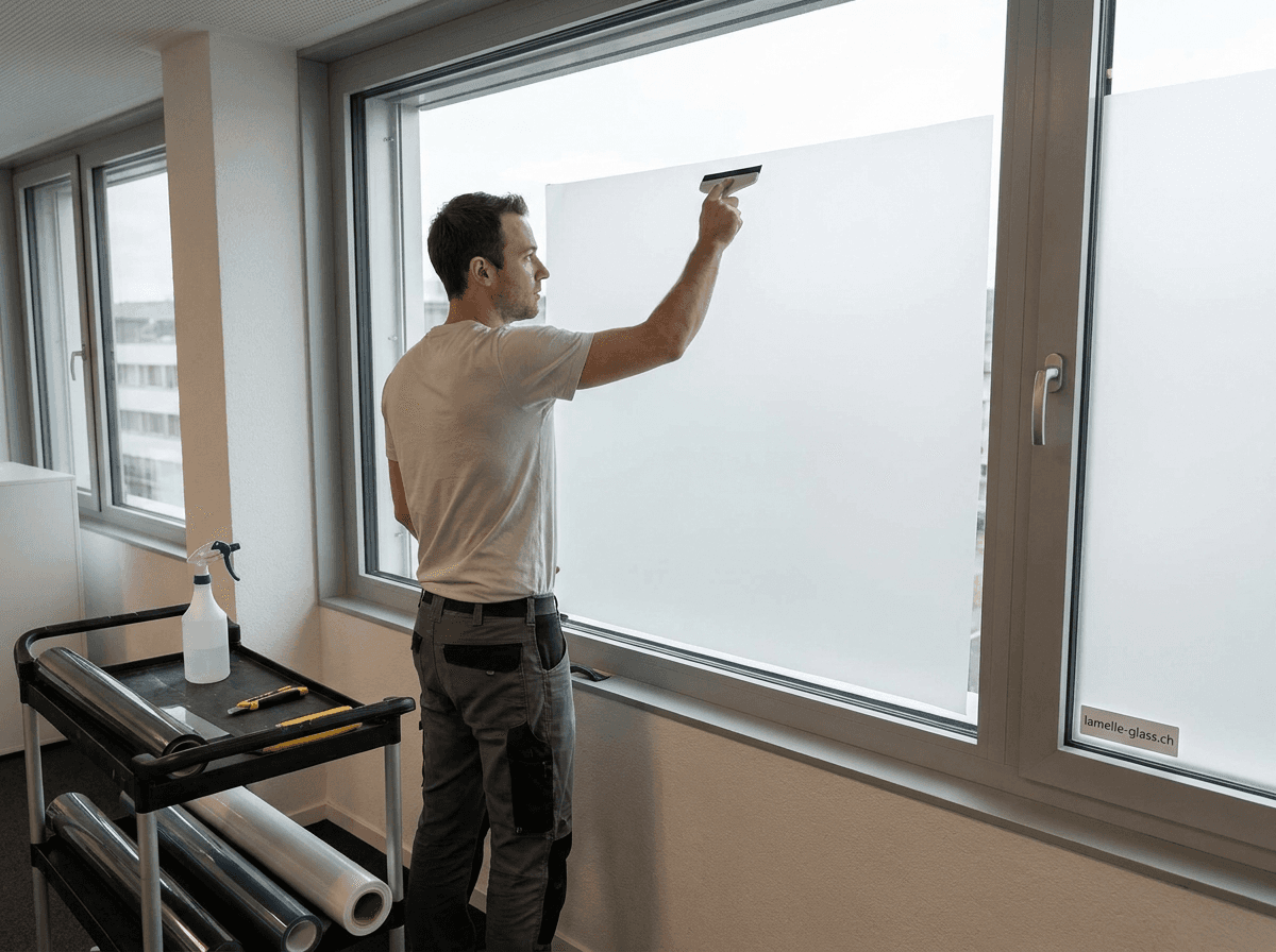 Pose d'un film anti-chaleur sur une baie vitrée de bureau