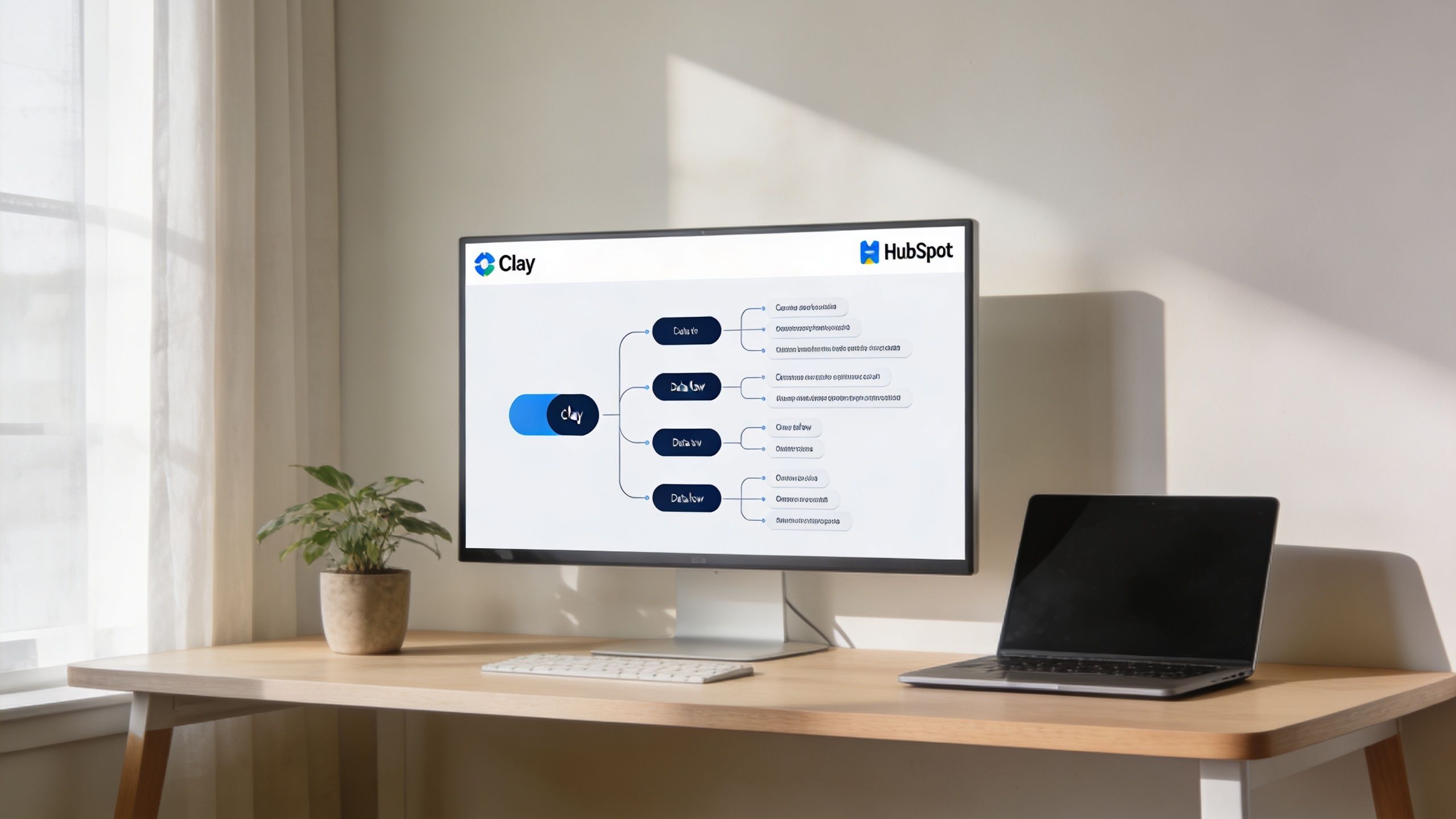A modern workspace with a monitor displaying a Clay and HubSpot integration diagram on a desk.
