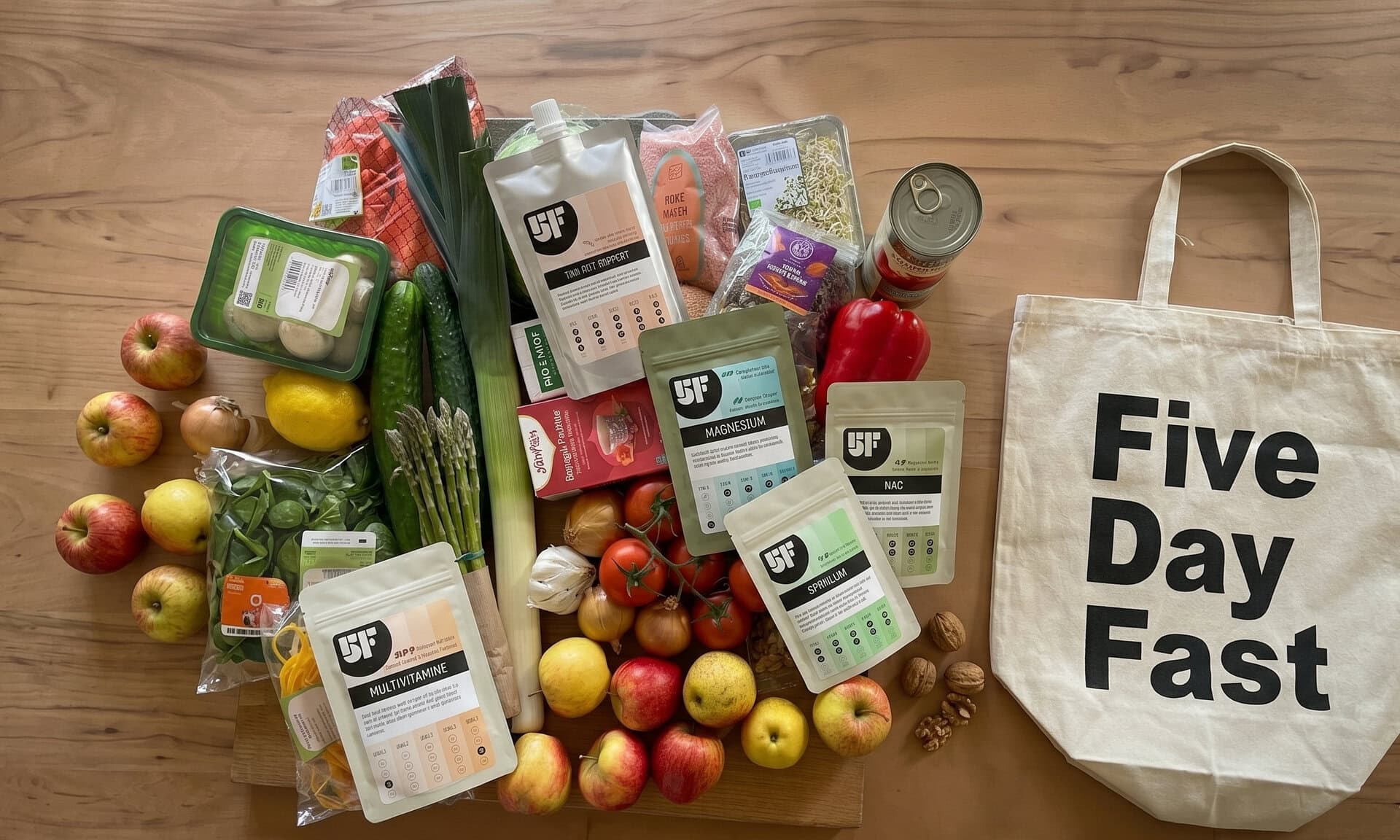 Bovenaanzicht van het volledige 5 Day Fast pakket: supplementenzakjes waaronder Multivitamine, Magnesium, NAC en Spirulina, omringd door verse groenten, fruit en kruiden, naast een canvas tas met het Five Day Fast logo.