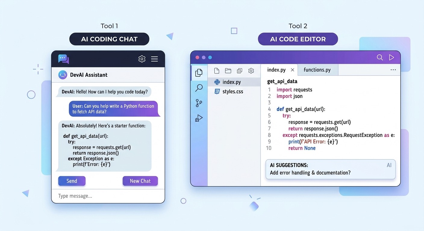 Illustration comparing an AI chat interface with an AI code editor showing how context flows differently in each tool