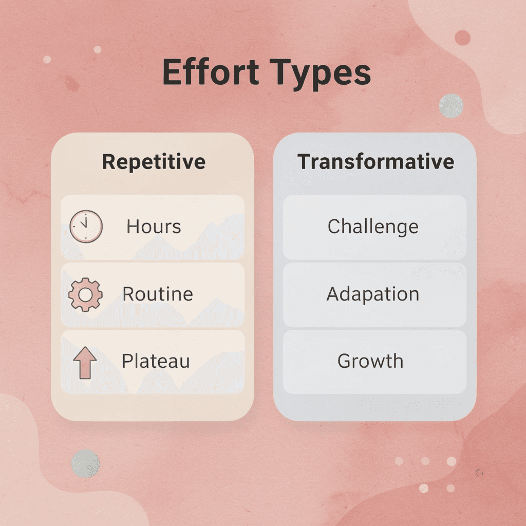 Comparison chart showing repetitive effort versus transformative effort characteristics - Can You Do Lagree at Home
